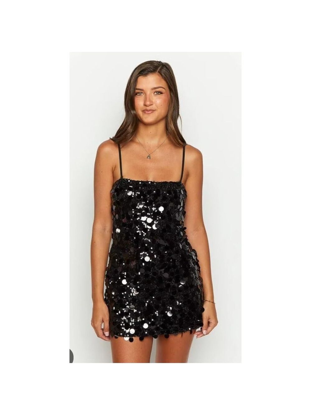 French Kiss Black Sequin Mini Dress Spaghetti Strap Large